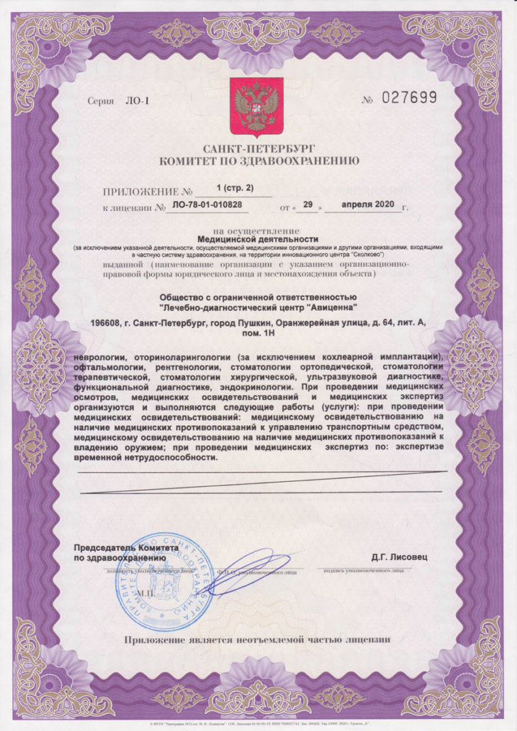 Лицензия № ЛО 78-01-010828 выдана 29 апреля 2020 года Санкт-Петербургским комитетом по здравоохранению